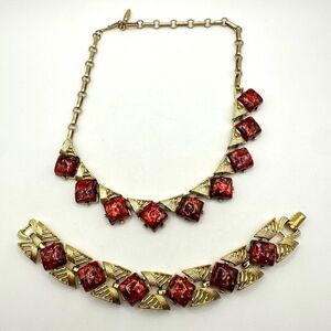 Vintage 60s Coro Red Lucite "confetti" Choker necklace and bracelet set!
